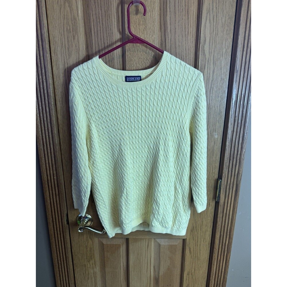Lands' End Women’s XL Yellow Cotton Cable Knit Crewneck Pullover Sweater